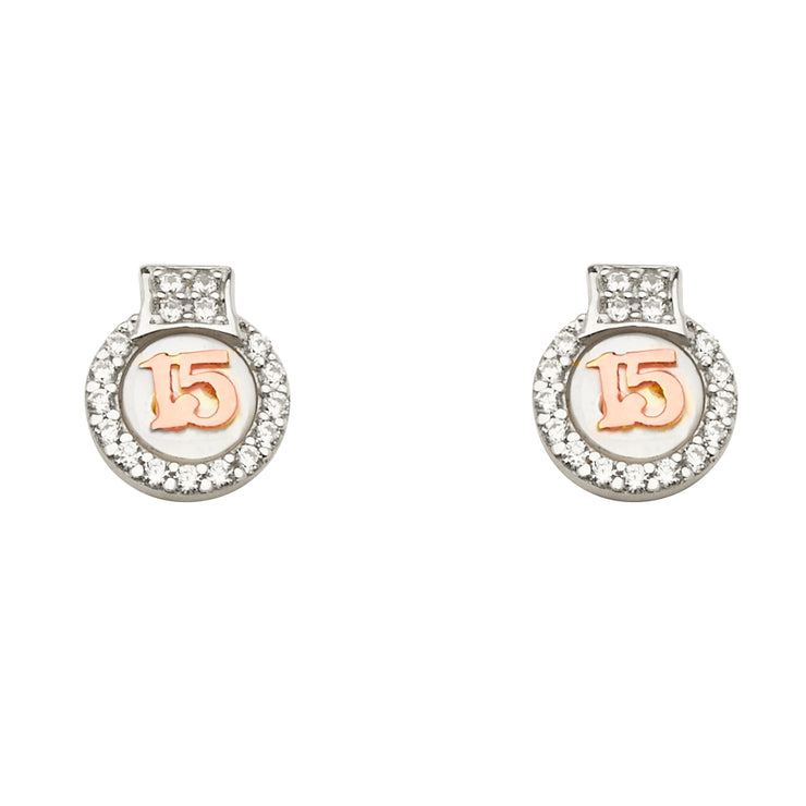 14K GOLD CZ STONE ROUND 15 ANOS 15 YEARS QUINCEANERA EARRINGS gift for her/girl