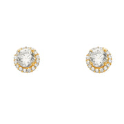 14K Gold CZ Stone Solitare Halo Round Earrings