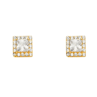 14K Gold CZ Stone Solitare Halo Square Earrings