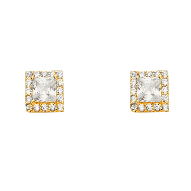 14K Gold CZ Stone Solitare Halo Square Earrings