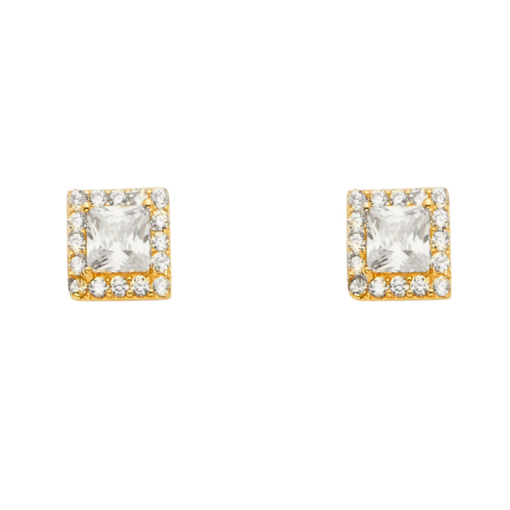 14K Gold CZ Stone Solitare Halo Square Earrings