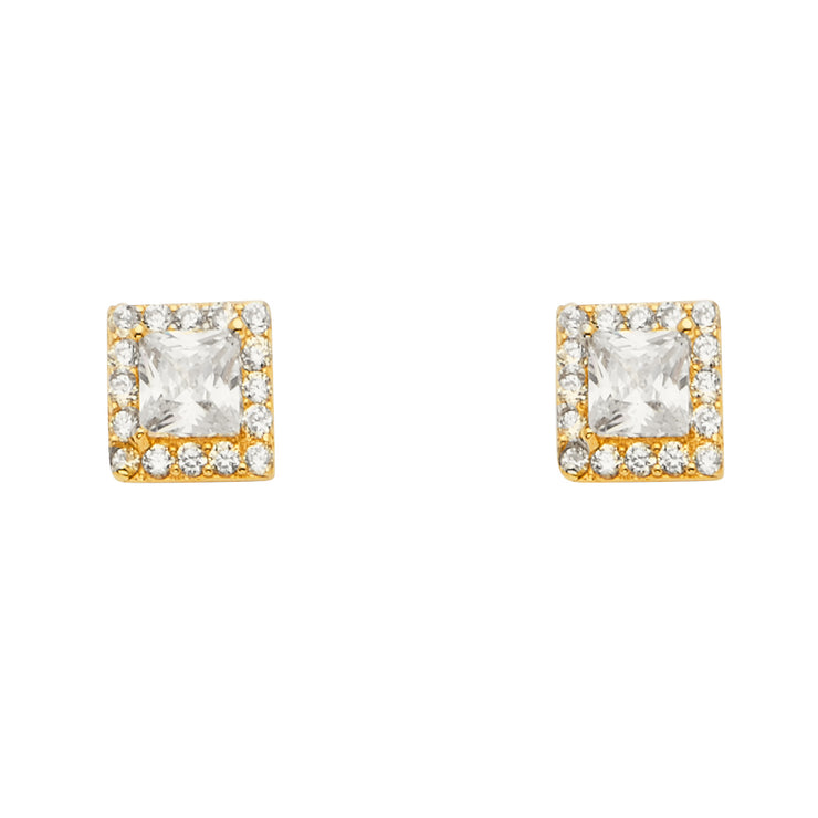 14K Gold CZ Stone Solitare Halo Square Earrings
