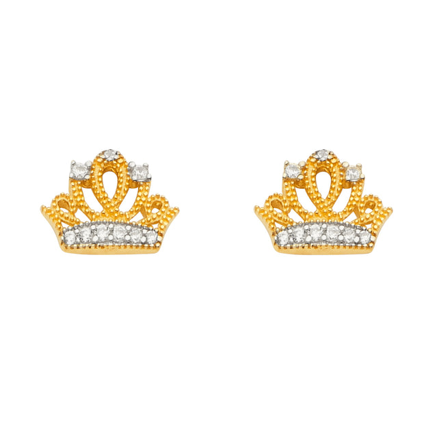 14K Gold CZ Stone Princess Crown or Tiara Earrings