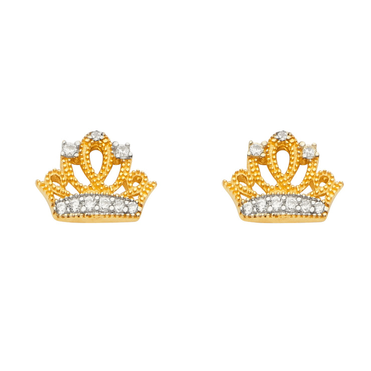14K Gold CZ Stone Princess Crown or Tiara Earrings