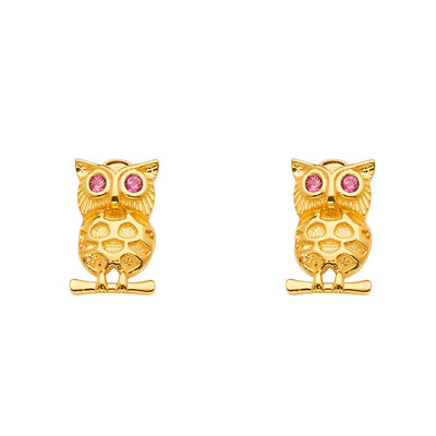14K Gold CZ Stone Owl Lucky Charm Earrings