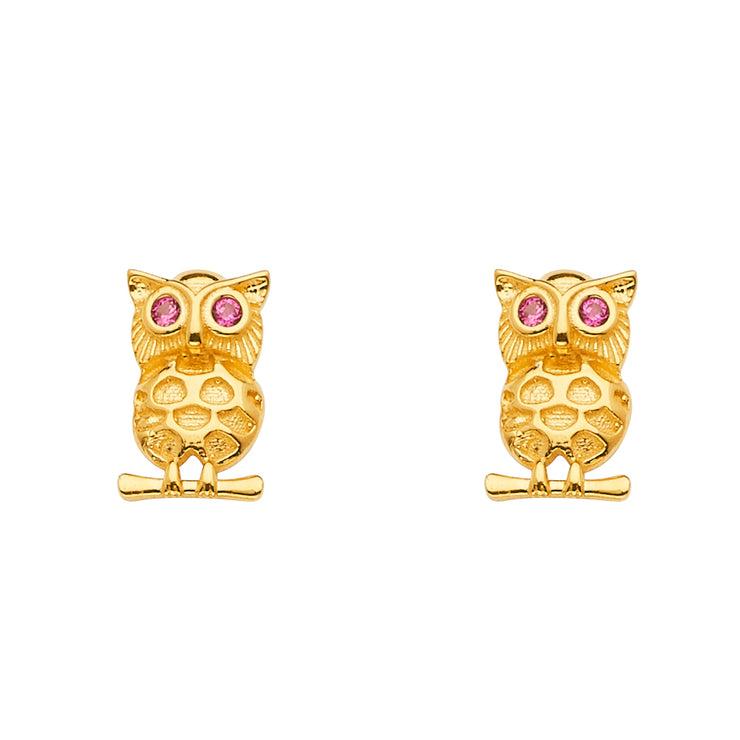 14K Gold CZ Stone Owl Lucky Charm Earrings