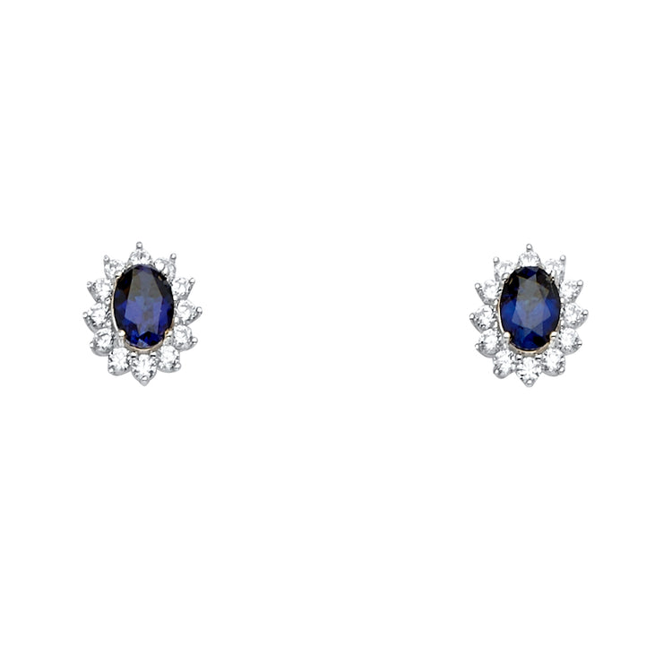 14K Gold Oval Blue CZ Stone Earrings