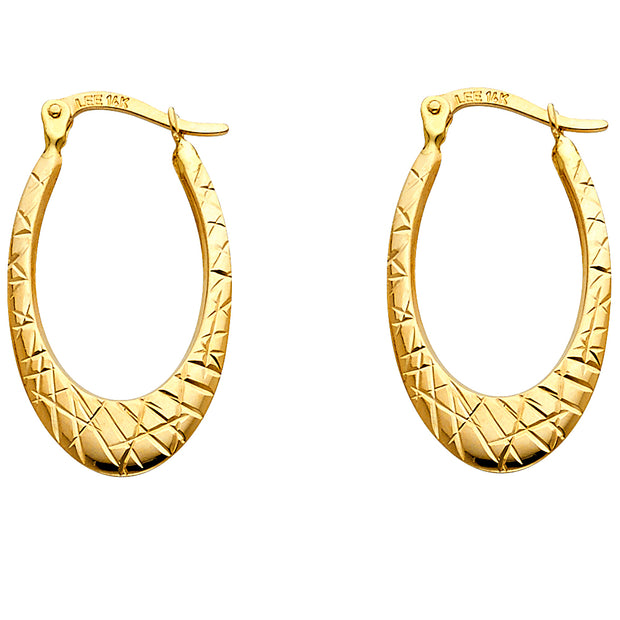 14K Gold 1.7mm Crisscross Diamond Cut Oval Hoops