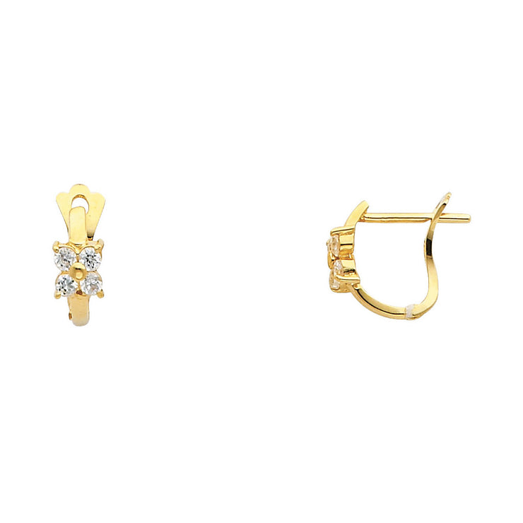 14K Gold Flower CZ Stone Huggie Hoops