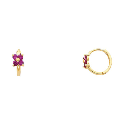 14K Gold Flower CZ Huggie Hoops with stone