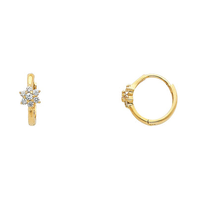 14K Gold Flower CZ Stone Huggie Hoops
