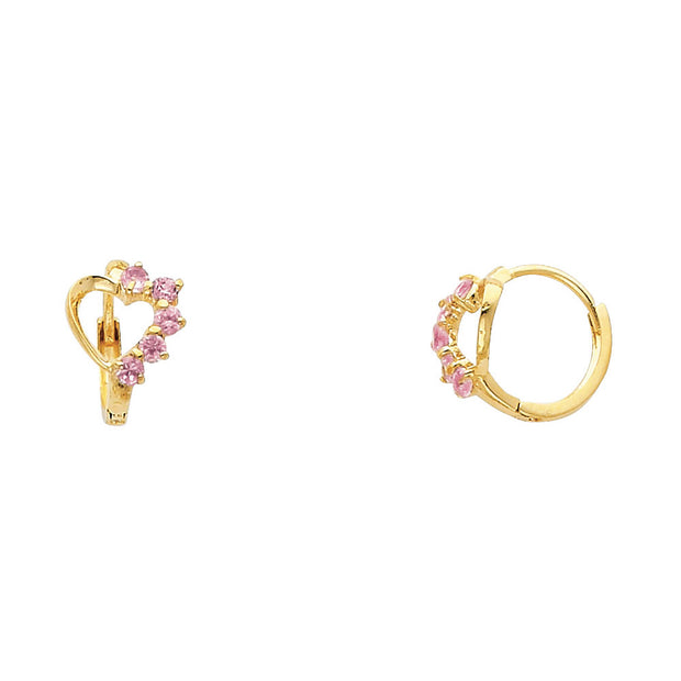 14K Gold Heart CZ Stone Huggie Hoops