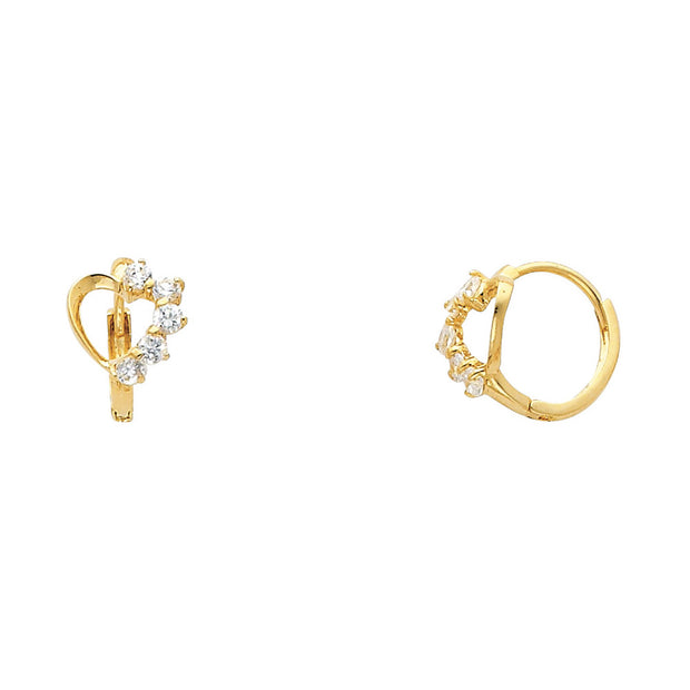 14K Gold Heart CZ Stone Huggie Hoops