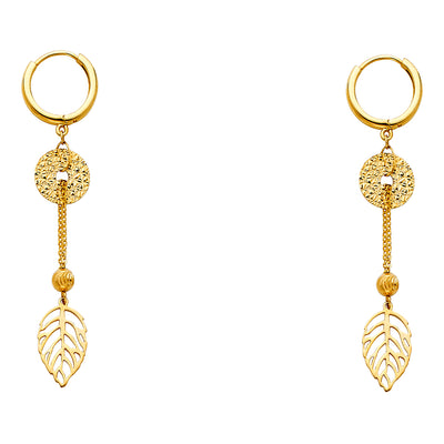 14K Gold Fancy Leaf Dangle Diamond Cut balls Hanging Earrings