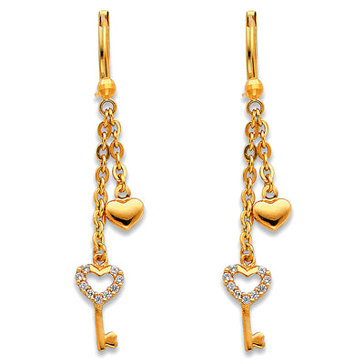 14K Gold Fancy Heart Key Dangle CZ Stone Earrings