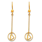 14K Gold Open Heart Diamond Cut Dangle Earrings