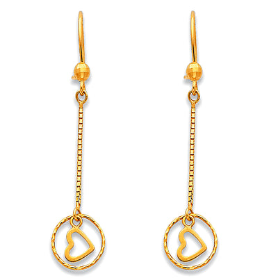14K Gold Open Heart Diamond Cut Dangle Earrings