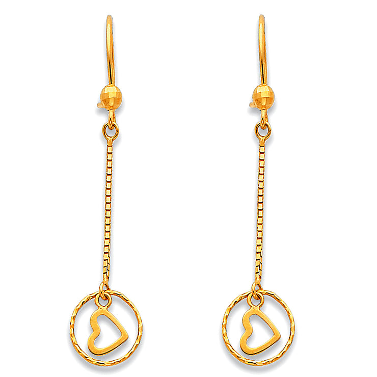 14K Gold Open Heart Diamond Cut Dangle Earrings