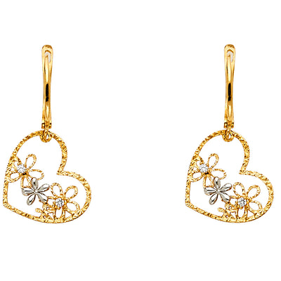 14K Gold Open Heart and Flowers Earrings