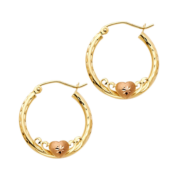 14K Gold 2mm Diamond Cut Hoops with Heart