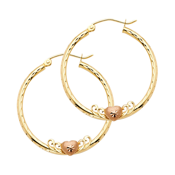 14K Gold 2mm Diamond Cut Hoops with Heart