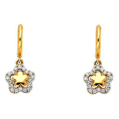 14K Gold Flower CZ Stone Hanging Earrings