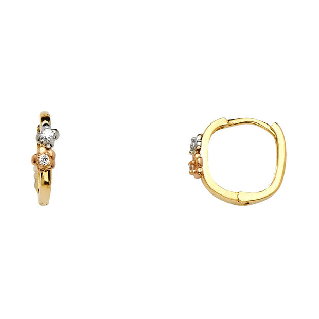 14K Gold 4mm Flower CZ Stone Huggie Hoops