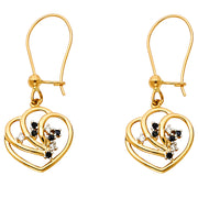 14K Gold Heart CZ Stone Hanging Earrings