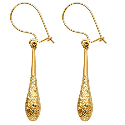 14K Gold Diamond Cut Hollow Teardrop Hanging Earrings