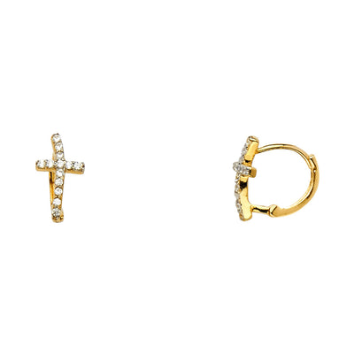 14K Y Curved CZ Stone Cross Huggie Hoops