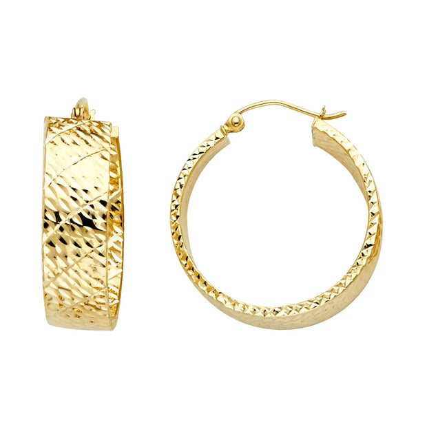 14K Gold Hollow Wide Full Diamond Cut Hoops