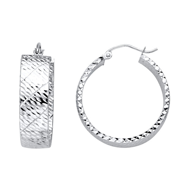 14K Gold Hollow Wide Full Diamond Cut Hoops