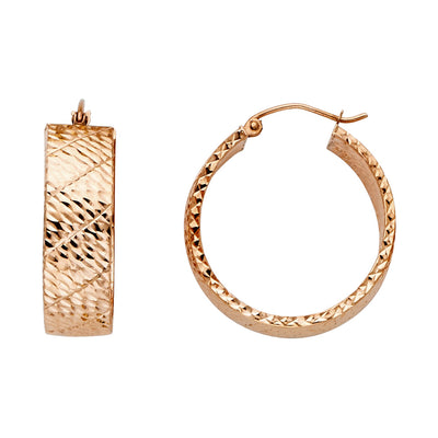 14K Pink Rose Gold Hollow Wide Full Diamond Cut Hoops