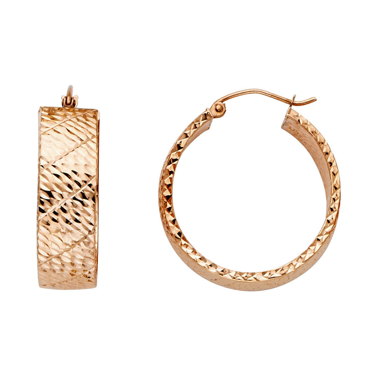 14K Pink Rose Gold Hollow Wide Full Diamond Cut Hoops