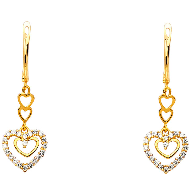 14K Gold CZ Stone Heart Hanging Earrings