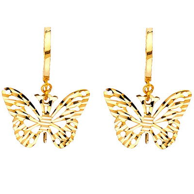 14K Gold Diamond Cut Butterfly Hanging Earrings