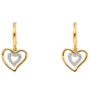 14K Gold CZ Stone Heart Hanging Earrings