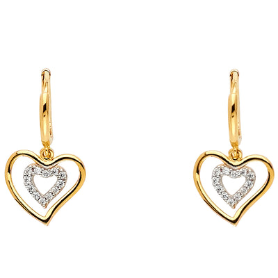 14K Gold CZ Stone Heart Hanging Earrings