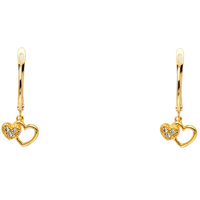 14K Gold CZ Stone 2 Heart Hanging Earrings