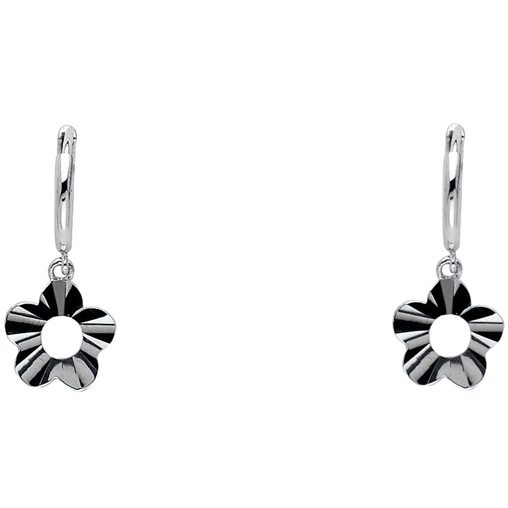 14K Gold Diamond Cut Flower Hanging Earrings