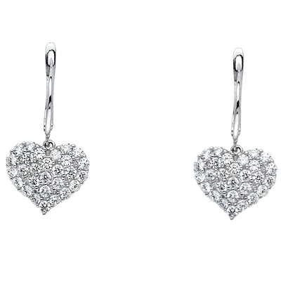 14K Gold CZ Stone Heart Hanging Earrings