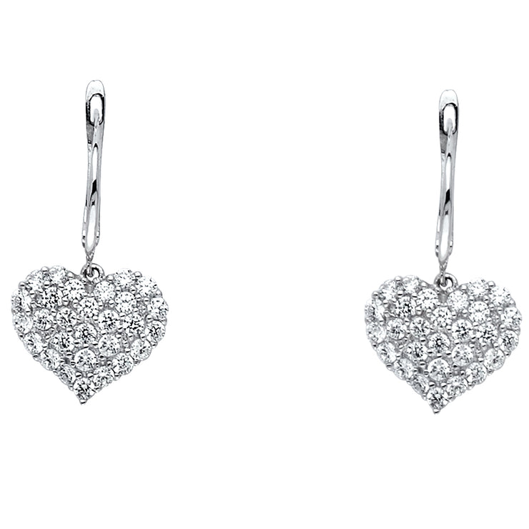 14K Gold CZ Stone Heart Hanging Earrings