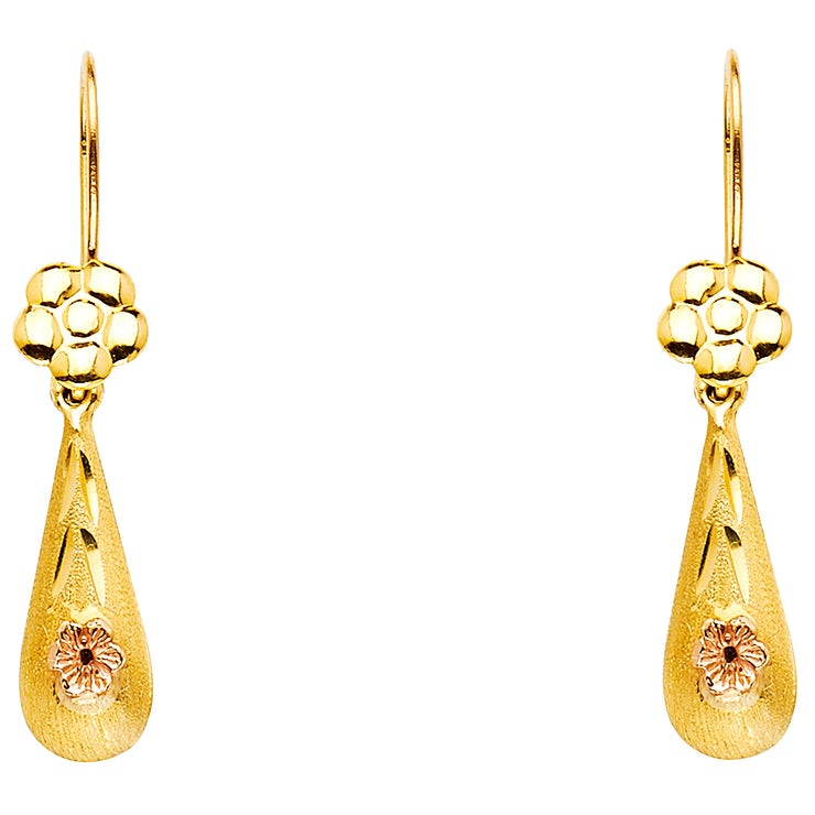 14K Gold Hollow Flower Teardrop Hanging Earrings