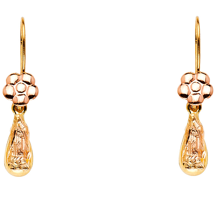 14K Gold Hollow Guadalupe Teardrop Hanging Earrings