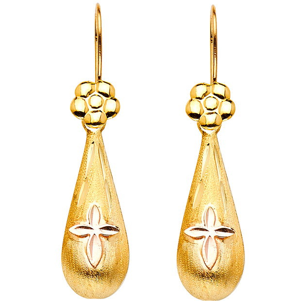 14K Gold Hollow Flower Teardrop Hanging Earrings