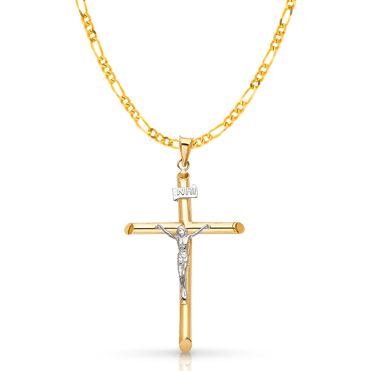 14K Gold Crucifix Cross Pendant with 2.3mm Figaro 3+1 Chain