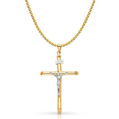 14K Gold Crucifix Cross Pendant with 1.7mm Flat Open Wheat Chain