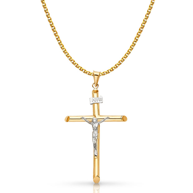 14K Gold Crucifix Cross Pendant with 1.7mm Flat Open Wheat Chain