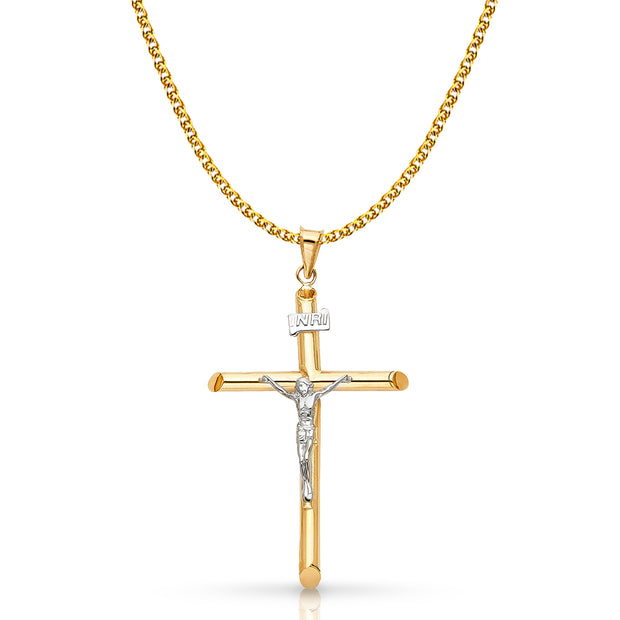 14K Gold Crucifix Cross Pendant with 1.7mm Flat Open Wheat Chain