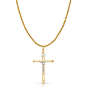 14K Gold Crucifix Cross Charm Pendant with 1.4mm Round Wheat Chain Necklace